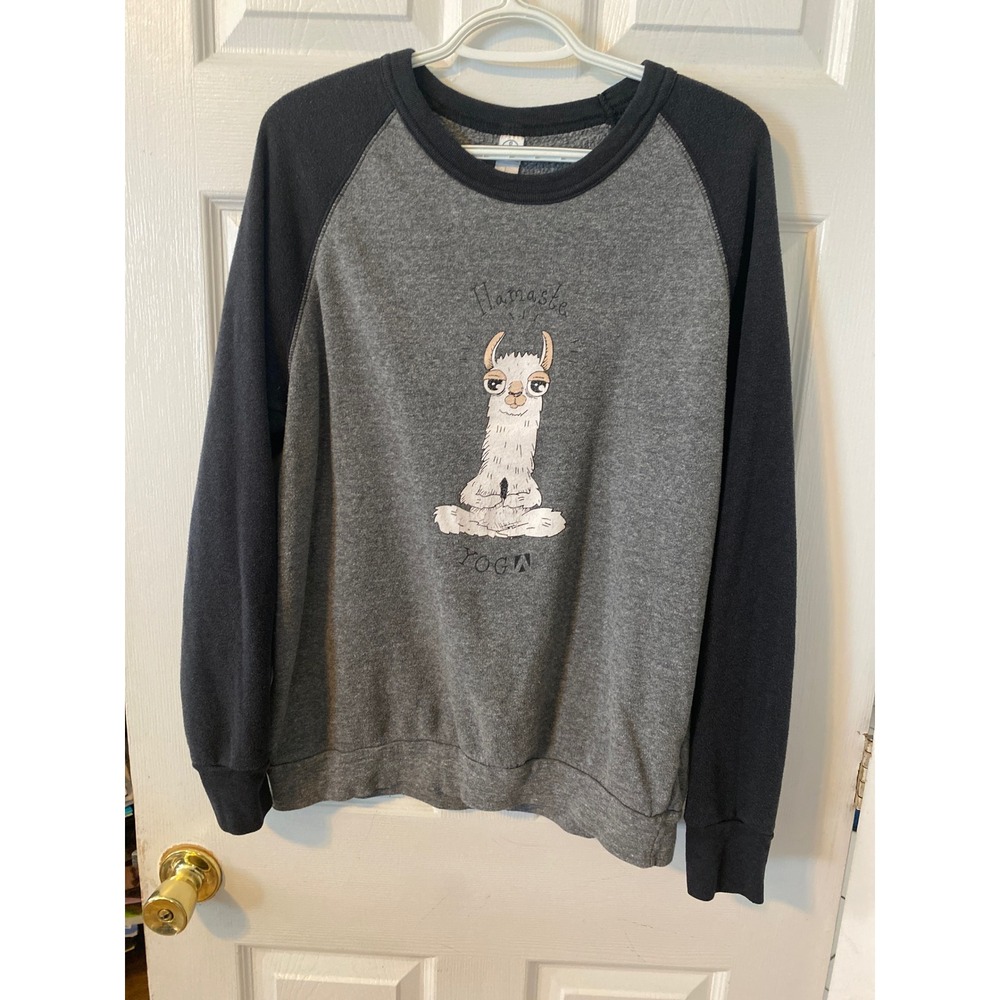 Alternative Apparel Namaste Yoga Llama Raglan Sweatshirt Grey Charcoal Large